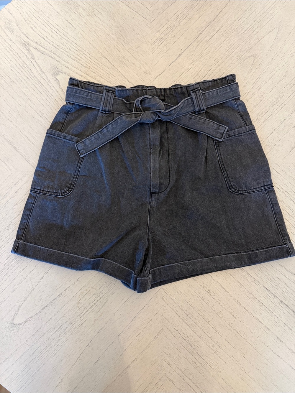 GB Girls NWT Black Paperbag Waist Denim Tie Belt Shorts Size 9 - [PH1104]